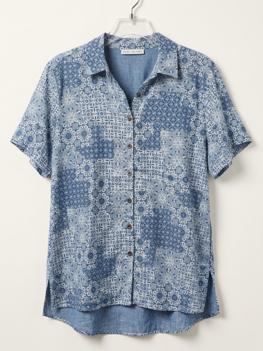Jane and Delancey Blue Patchwork-Print Short Sleeve Button Shirt